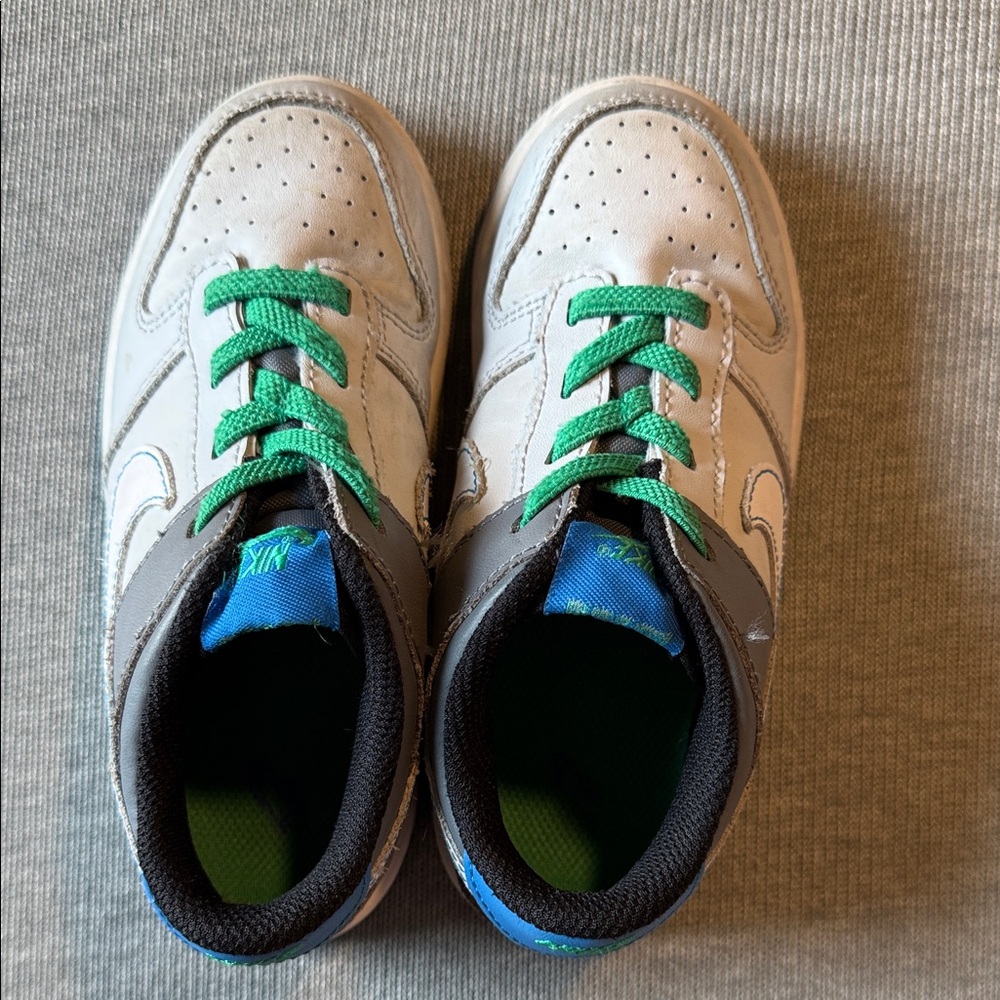 Nike Kids White and Gray Sneakers with Green Laces